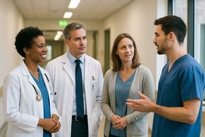 photographic group of people talking in a healthcare facility corridor-1