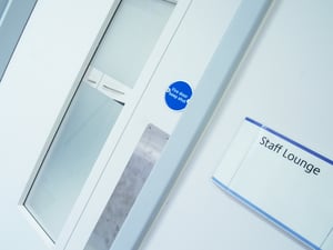 Single Doorset with Fire Door ironmongery and push plate. 